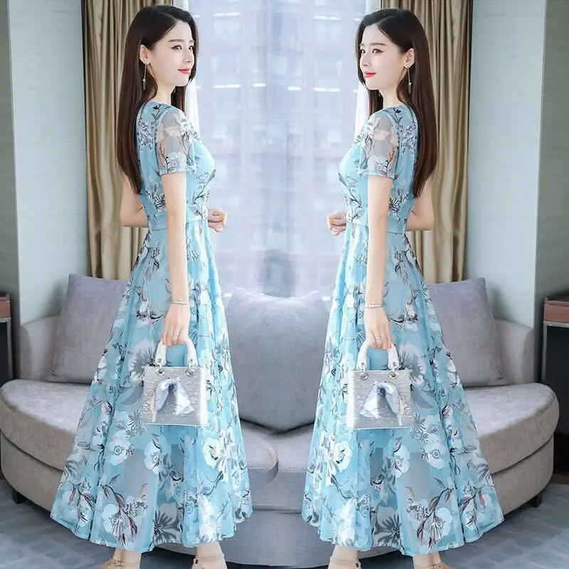 

2022 Newest Chiffon Print Dress Summer V-Neck Women's Fashion Slim And Elegant Korean Version Big Size Beach Dress Midi h1291