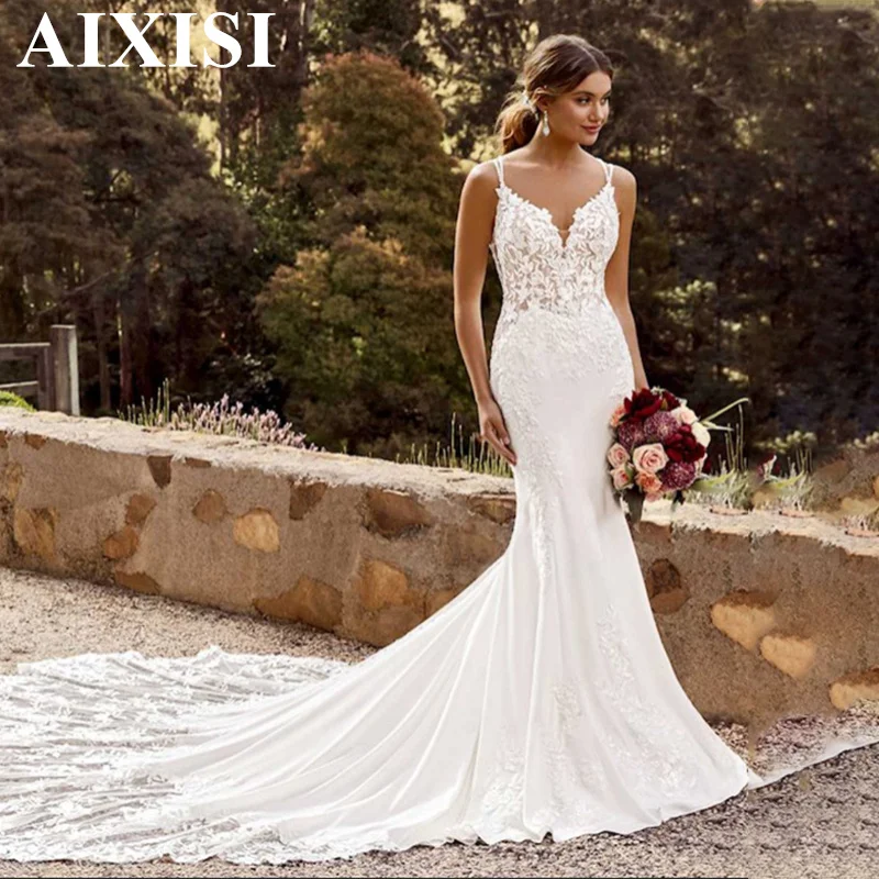 

AIXISI Spaghetti Straps Wedding Dress Sweetheart Bride Backless Appliques Lace Button Elegant Robe De Mariee Vestidos De Novia