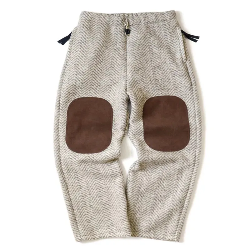 KAPITAL Men's Pants 2023 Winter Japanese Fashion Warm Fleece Brushed Suede Patch Loose Drawstring Elastic Waist Casual Trousers