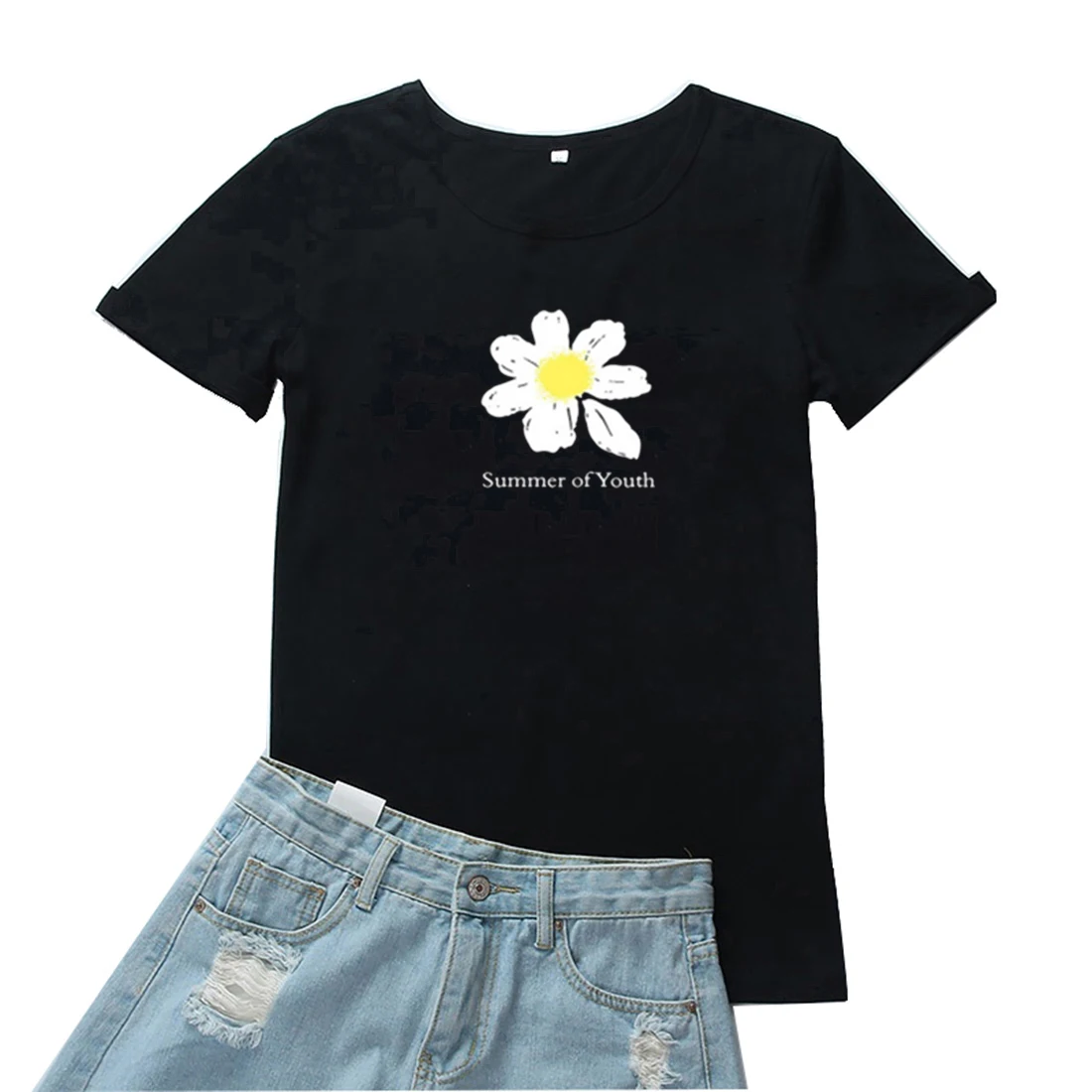 

Summer of Youth Women T Shirts Beautiful White Flower T-Shirts Women Cotton Short Sleeves Tshirt Women Aesthetic Mujer Camisetas