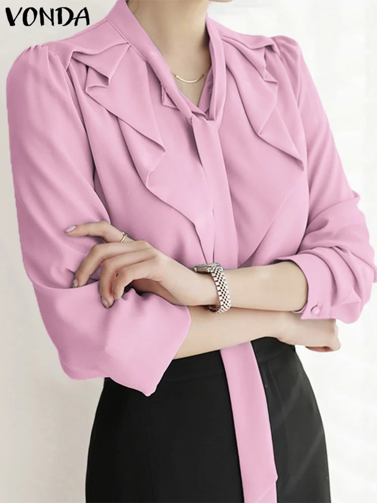 

VONDA 2023 женские рубашки с галстуком-бабочкой, элегантные блузки с длинным рукавом и пуговицами, летние модные гофрированные офисные однотонн...