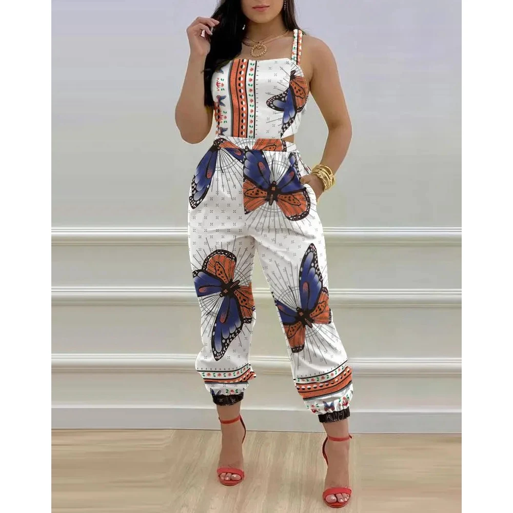 2023 Summer Women Denim Look Backless Cisscross Suspender Jumpsuit Sexy Fashion Lady Lace up Overalls Print Jumpsuit y2k Clothes