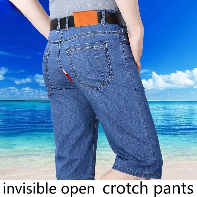 

Open-Crotch Pants Denim Shorts Men's Stretch Cropped Pants Loose Straight Casual Beach Pants Cropped Pants Invisible Zipper