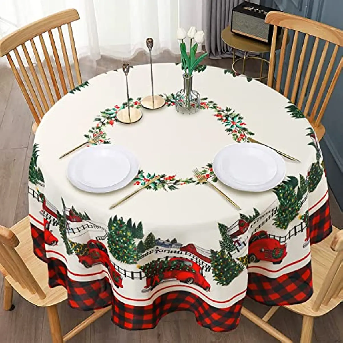

Рождественская скатерть, Рождественская скатерть круглая 60x60, устойчивая к морщинам и моющаяся Рождественская красная скатерть с грузовик...