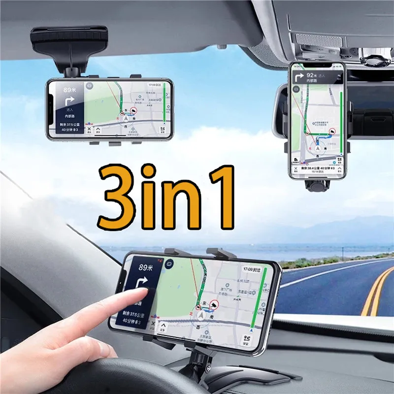 

3in1 Car Phone Holder Dashboard Rearview Mirror Steering Wheel Support Sun Visor Bracket Mobile Cell GPS Stand Tablet Vehicle