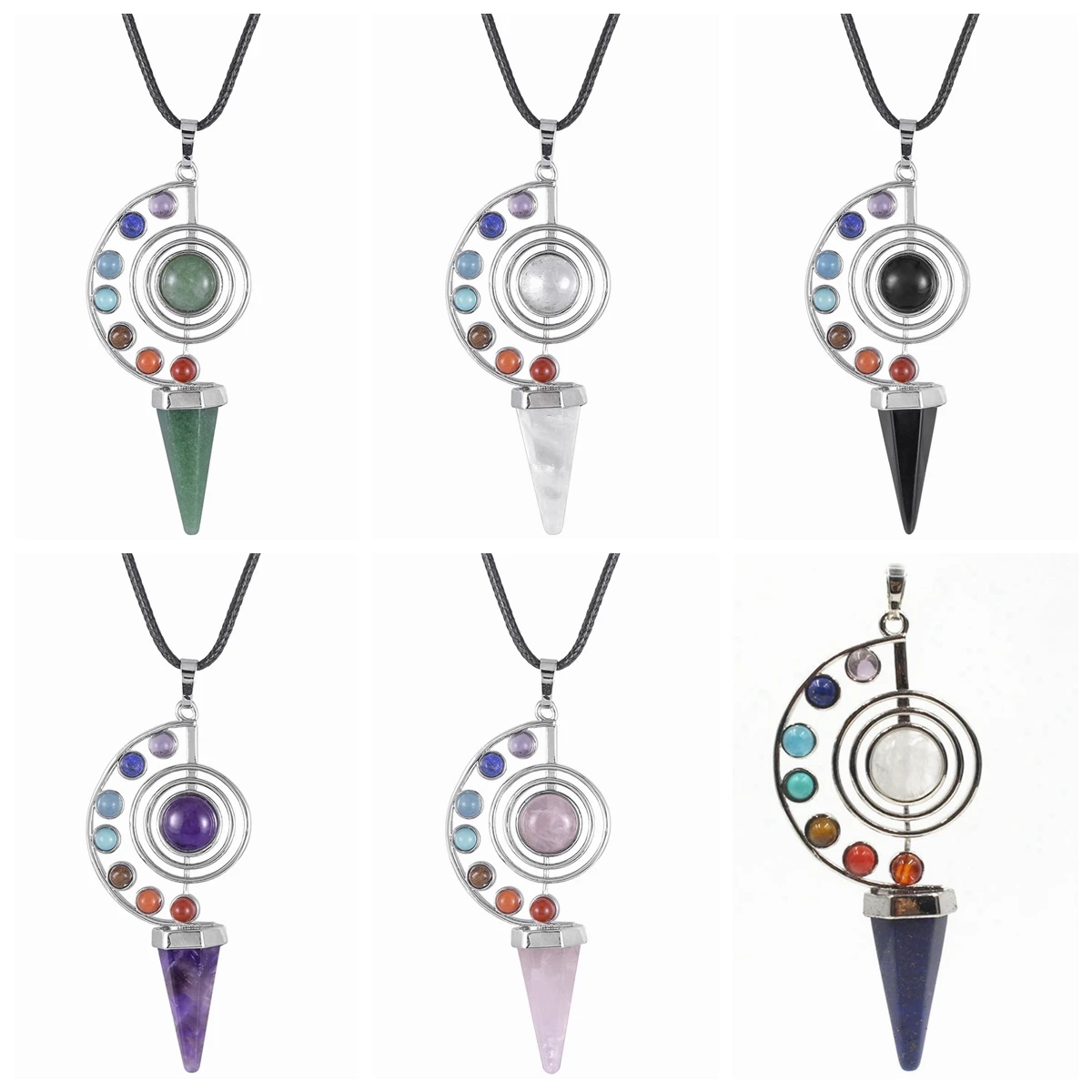 

6PCS 7 Chakra Healing Crystal Pendant Necklace for Women Men Unique Hexagonal Point Gemstone Pendulum for Reiki Divination