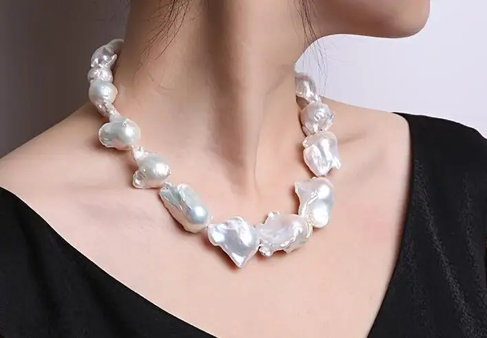 

Бесплатная доставка, Классическое Белое пресноводное жемчужное ожерелье 25x30 мм в стиле барокко