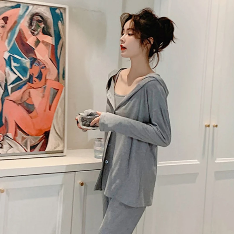 Women Pajamas Three Piece Set Camisole Cardigan Spring New 2022 Solid Simple Homewear Comfortable Casual Sleepwear Suit