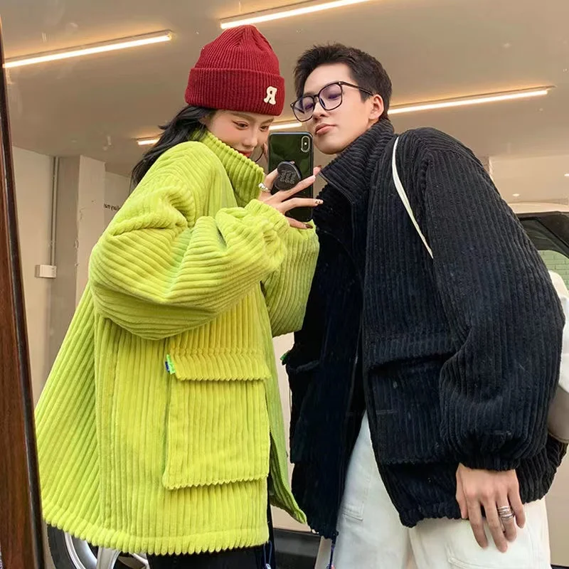 Winter women's corduroy parka women's Korean version loose diamond plus size women's elegant lapel Harajuku jacket couple jacket