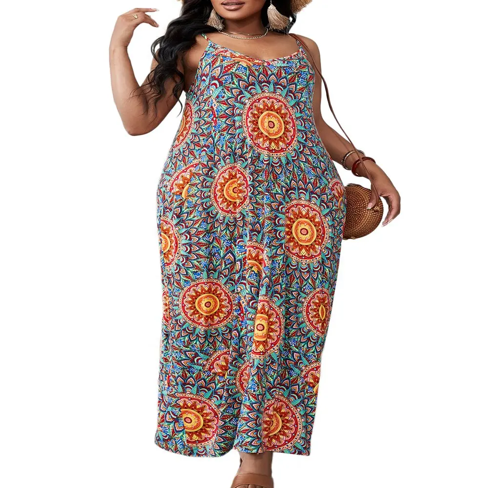 

HMCN Womens Summer Plus Size Boho Mandala Print Loose Casual V Neck Tunic Cami Dress, 0XL-4XL