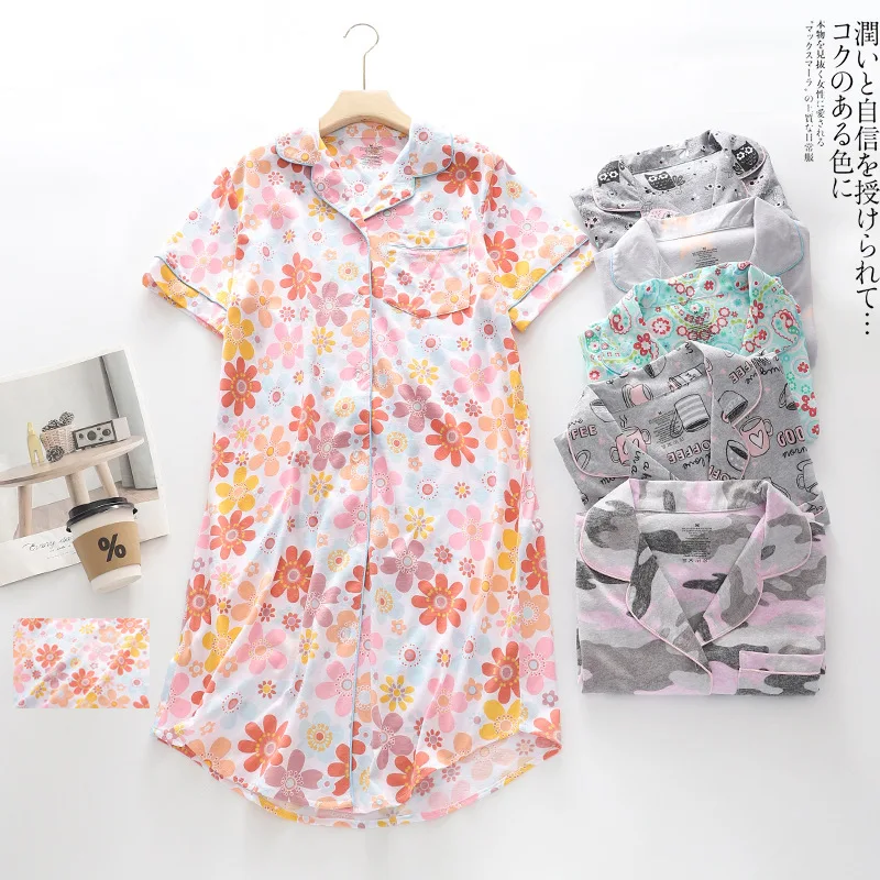 

Floral Print Sleepwear Womens Turn-Down Collar Nightdress Nightwear Female Short Sleeves Home Wears Summer Sleep Nightgown