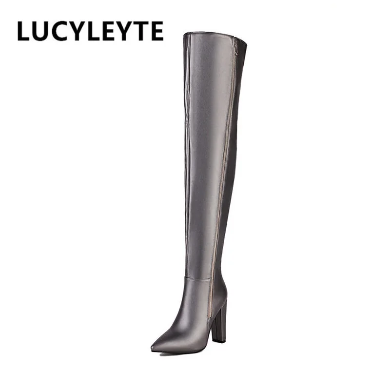 

2022 Women's Autumn and Winter New Fashion Solid Color Texture Pointed Toe Thick High-heeled Thigh-high Over-the-knee Boots