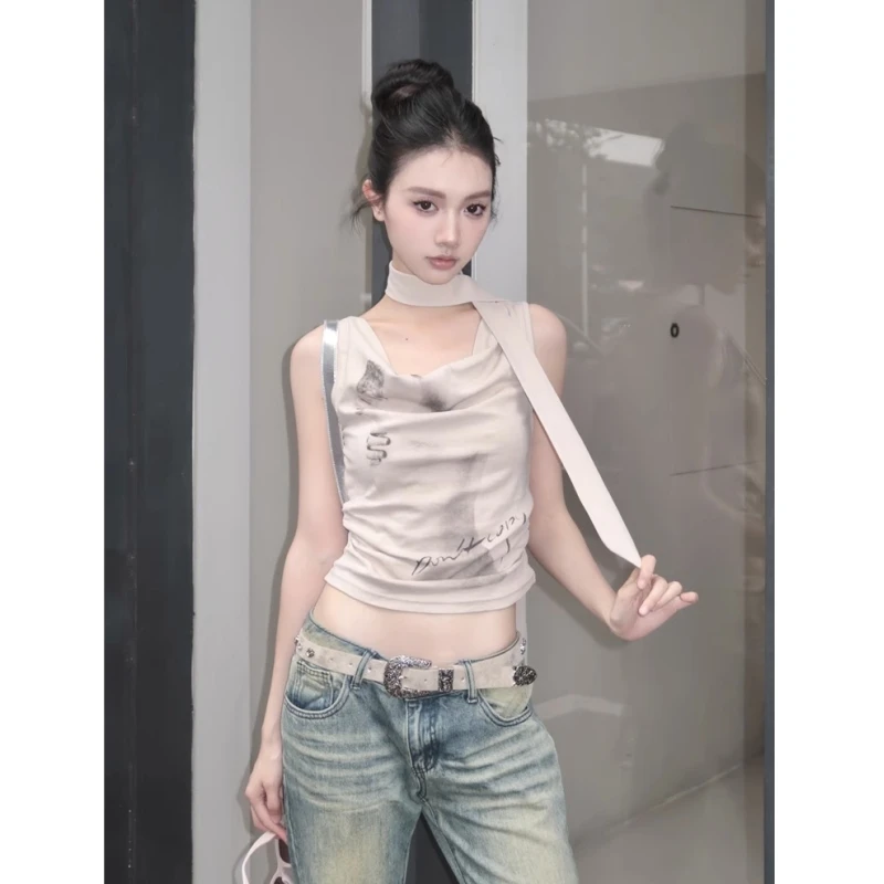 

Женская футболка с принтом хаки, винтажная индивидуализированная уличная одежда в Корейском стиле, Y2K, Новинка лета 2023