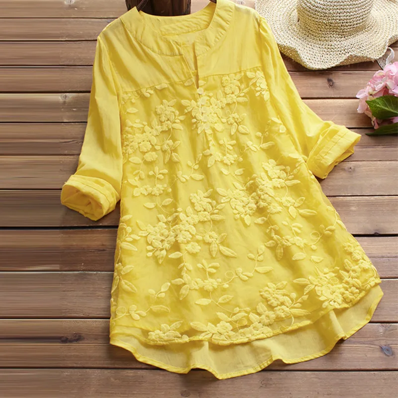 

Women's Linen Blouse With V-neck, Stylish Corset Loose Long Sleeve Casual Korean Cotton T-shirt With Vintage Embroidered Lace