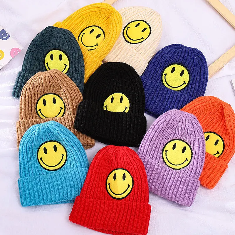 Модная вязаная шапка унисекс для родителей и детей, шапочка, шапочка с улыбающимся лицом, зимняя теплая шапка, шапочки, облегающие шапки в ст...
