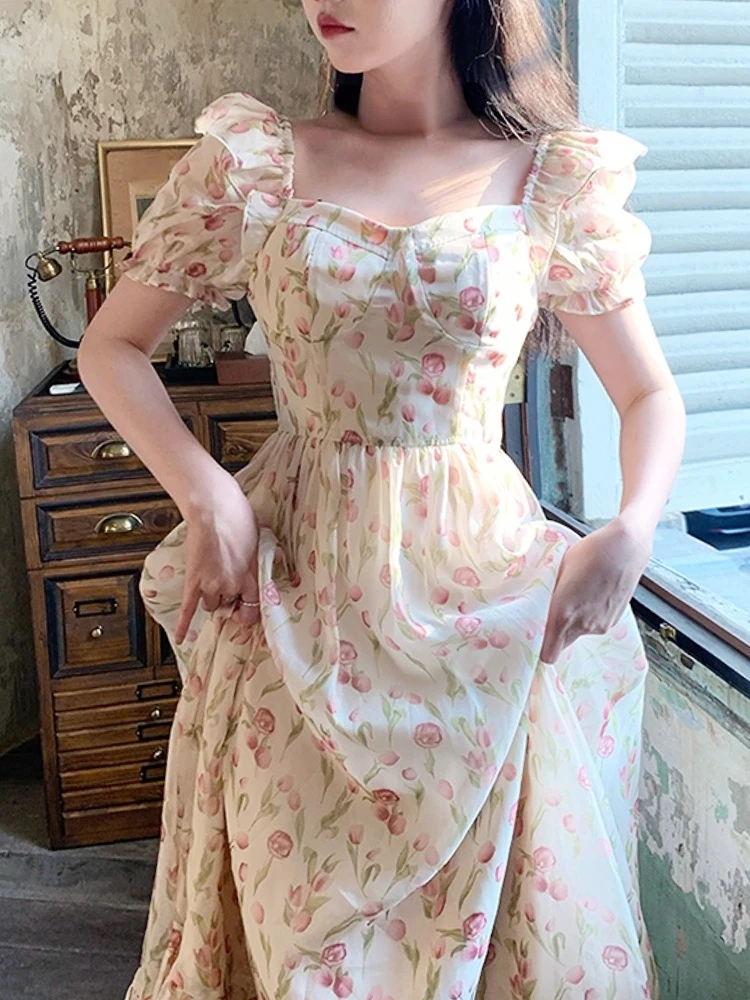 

Chiffon French Elegant Floral Midi Dress Beach Vintage Puff Sleeve Dress Women Party One Piece Dress Korean Fashion Summer 2023