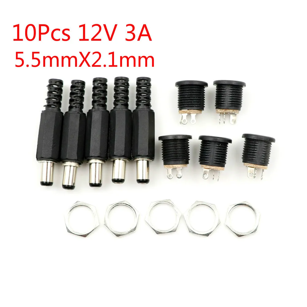 

10 pcs 12V 3A Plastic Male Plugs + Female Socket Panel Mount Jack DC Power Connector Electrical Supplies 5.5mm x 2.1mm
