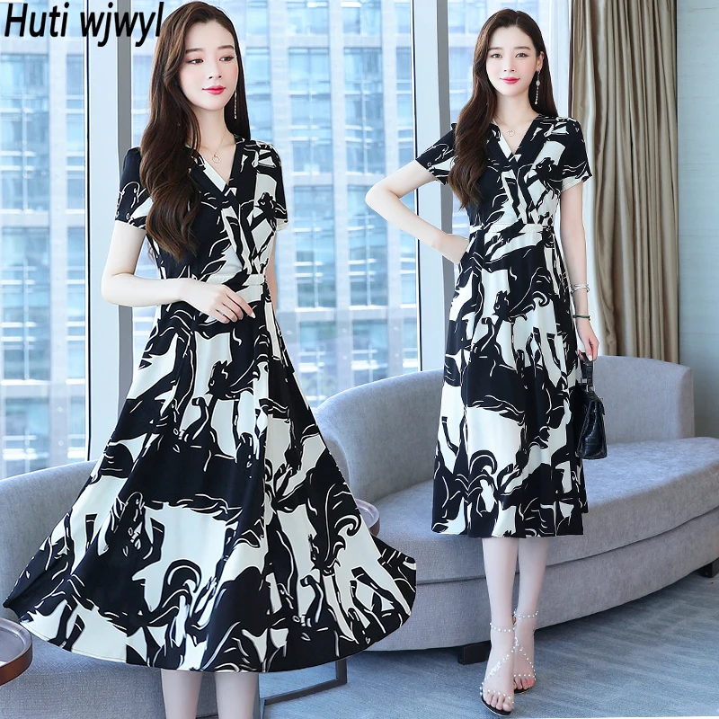 

2022 New Black Floral Chiffon V-Neck Sexy Midi Dress Summer Elegant Bodycon Casual Dress Women Korean Vintage Party Runway Dress