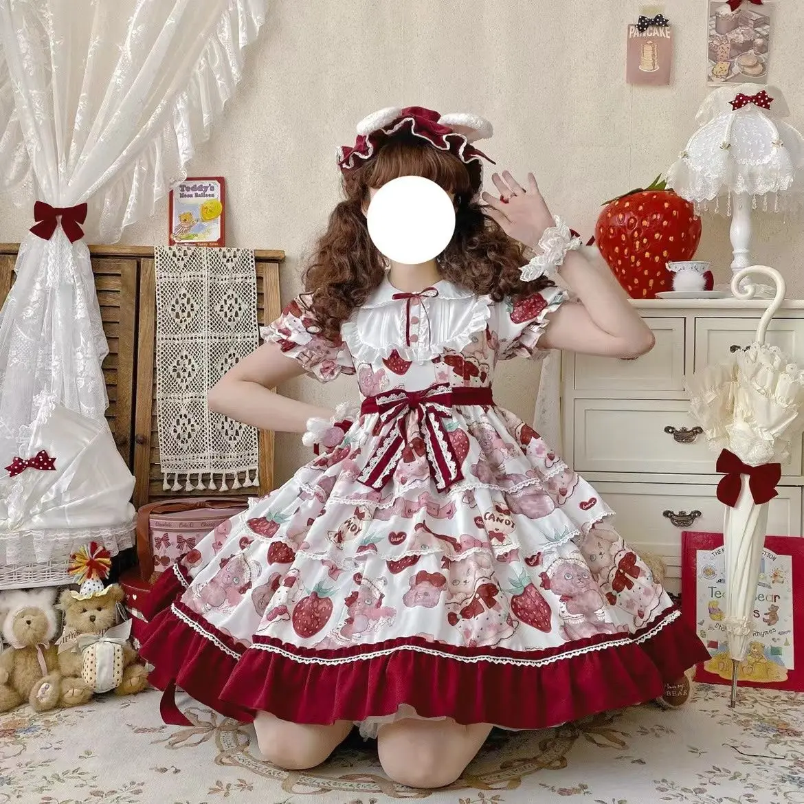 

Strawberry Cake Bear Printed OP Short Sleeve Ruffles Doll Collar Lolita Dresses Sweet Cute Bow Lacing-up Decration Mini Dress