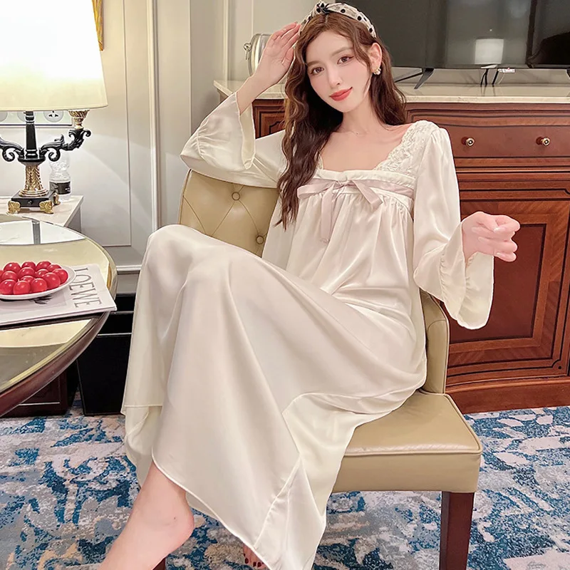 

Retro Pajamas for Women Nightgown Palace Style Lace Trim Long Sleeve Square Neck Nightdress Loungewear Woman Sleepdress Pijama