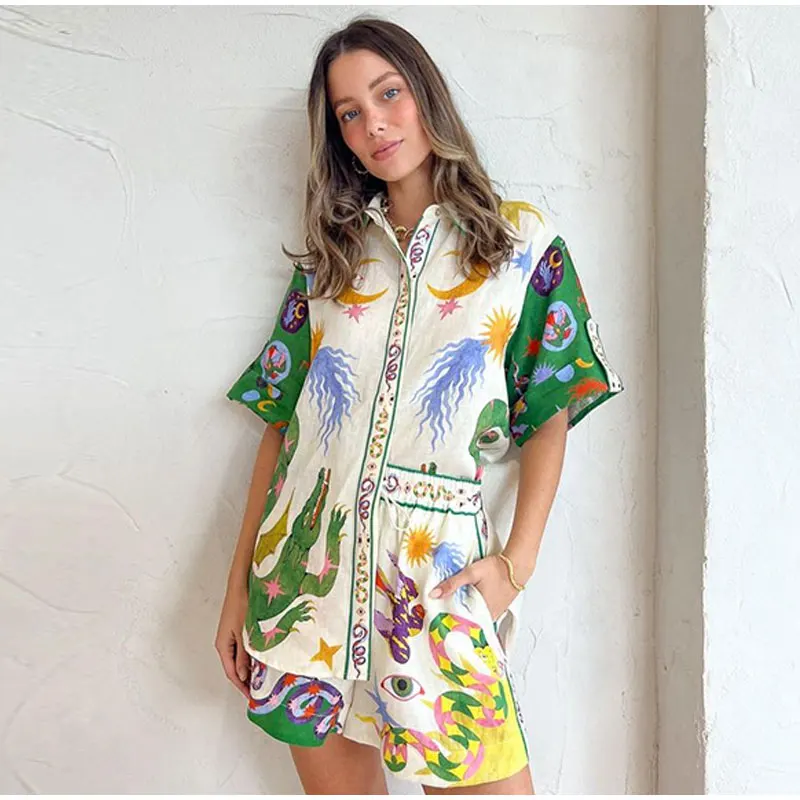 

KAAAZI Summer Print Women Shirt Elastic Waist Shorts Sets Beach Holiday Casual Loose Suits Short Sleeve Shirts Two Piece Set