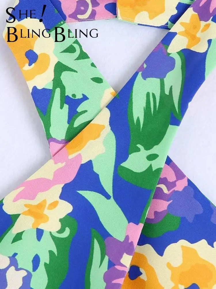 SheBlingBling 2022 Summer Women Casual Beach Crop Tops Back Floral Traf Sleeveless Shirred Print Criss Cross Halter Slim Tanks |