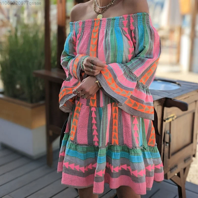 

Женское платье с открытыми плечами, лоскутное платье большого размера с расклешенным рукавом и свободным кроем, праздничное цельное платье миди с юбкой, новинка 2023