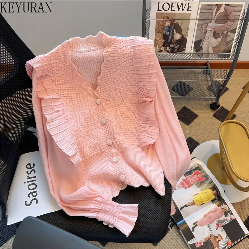 

Pink Patchwork Ruffle Knitted Cardigan Sweater Women 2023 Spring White V-neck Long Sleeve Knitwear Tops Cropped Cardigans Mujer
