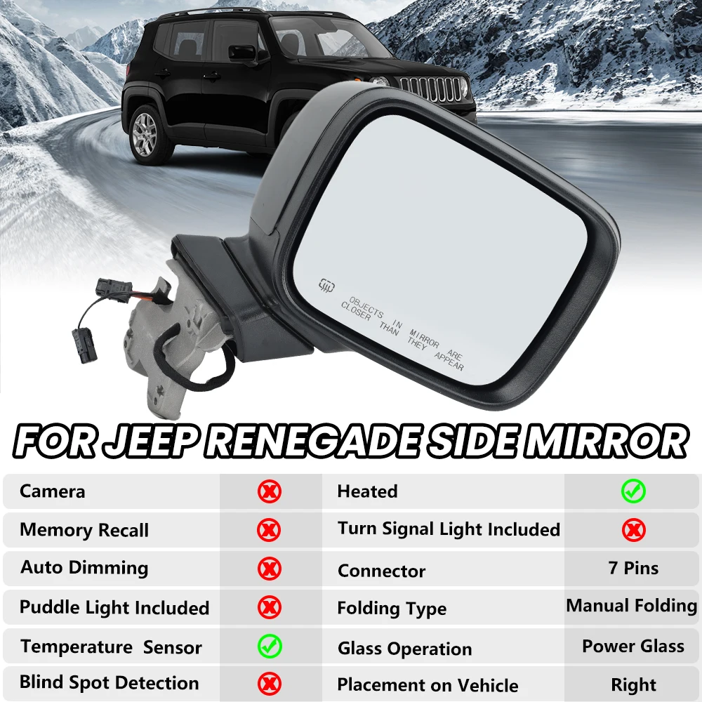 

Зеркало заднего вида в сборе с 5/7 контактами для Jeep JEEP RENEGADE BU 2015-2022, черное, без краски, ручное складное боковое зеркало, автомобильные аксессуары