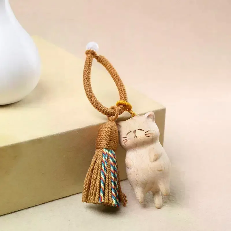 Фото Ретро деревянный брелок с котом, ручная резная милая сумка с котенком, подвеска, декор, автомобильный брелок для женщин, пара, модные ювелирные изделия, аксессуары, подарок №2