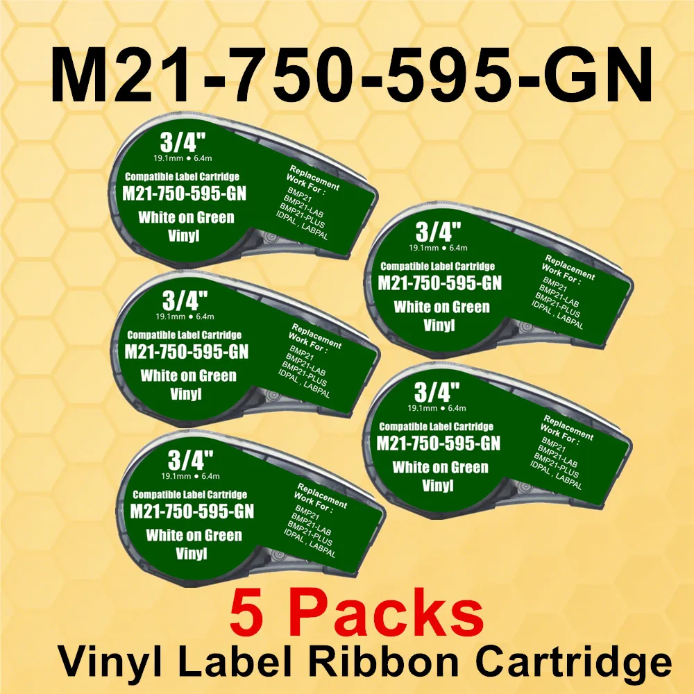 

5PK Vinyl Label Cartridge TAPE M21 750 595 White on Green ,Black on Yellow,Blue,Red For BMP21 PLUS, BMP21-LAB Printer Labeling