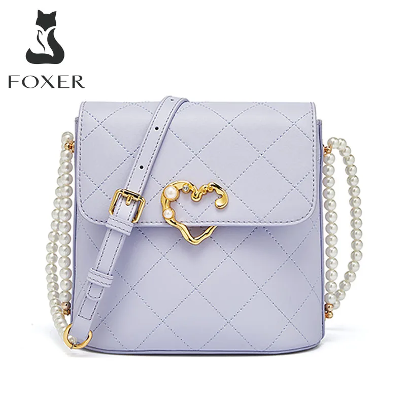 FOXER Fashion Pearl Chain Shoulder Crossbody Bag Phone Bag Women Messenger Bag Love Gift for Mother Lady Diamond Lattice Purse