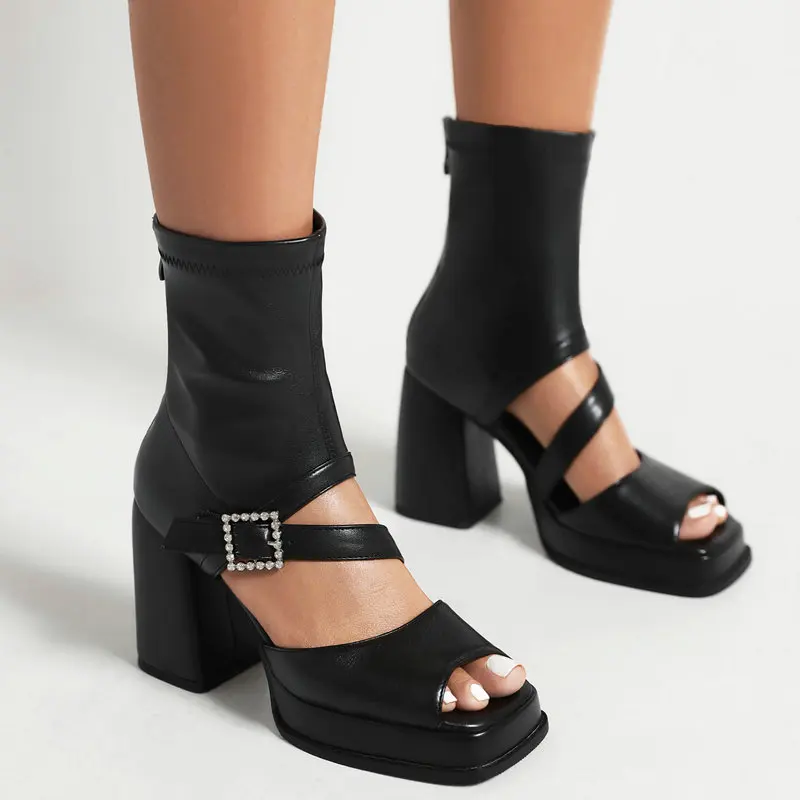 Gothic Black Ninja Sandals Women Summer 2023 Platform Shoes Peep Toe Fashion High Heels White Crystal Buckle Zipper Ankle Boots