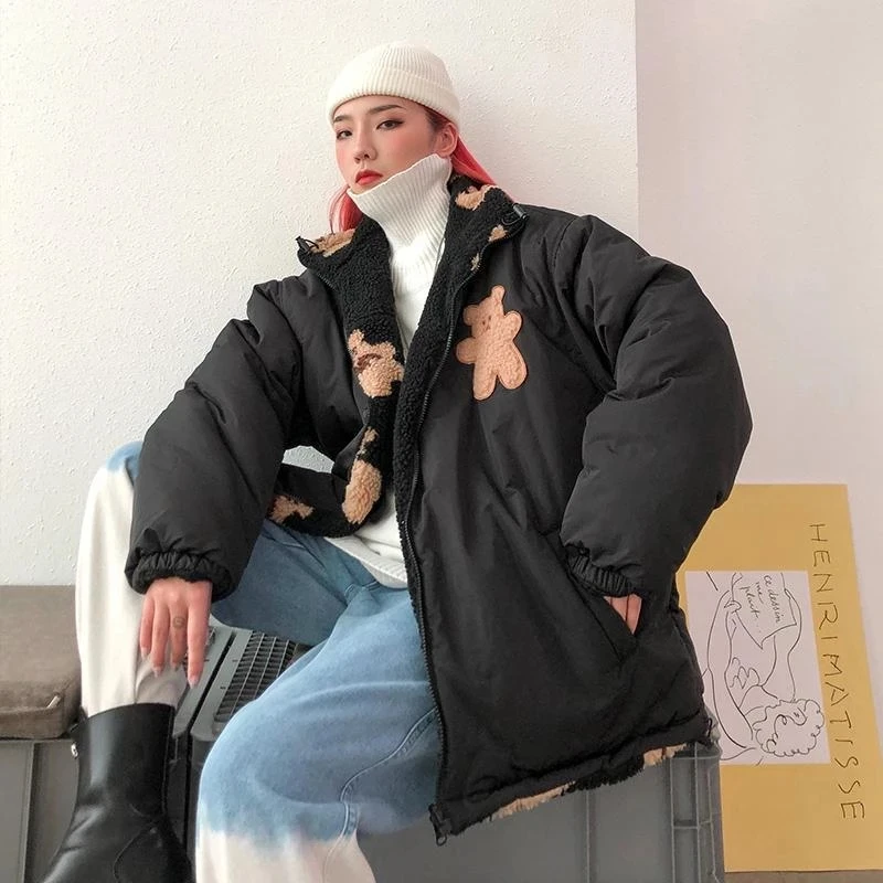 

Шикарное двухстороннее пальто с воротником-стойкой и хлопковой подкладкой, Женская парка с подогревом и принтом в виде родных медведей, кур...