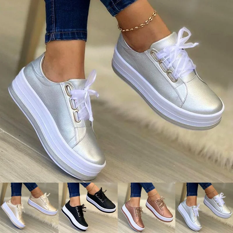 Woman Casual Sneakers Women Shoes Round Toe Platform Shoes Lace Up Tennis Female Vulcanized Shoes Solid Color Ladies Loafers