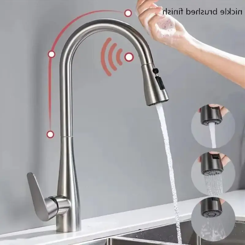 Фото GEGVE Smart Touch Кухонные смесители из нержавеющей стали 304, съемный сенсорный смеситель для раковины, смеситель для крана, Израиль, кухонный смеситель, матовый №2