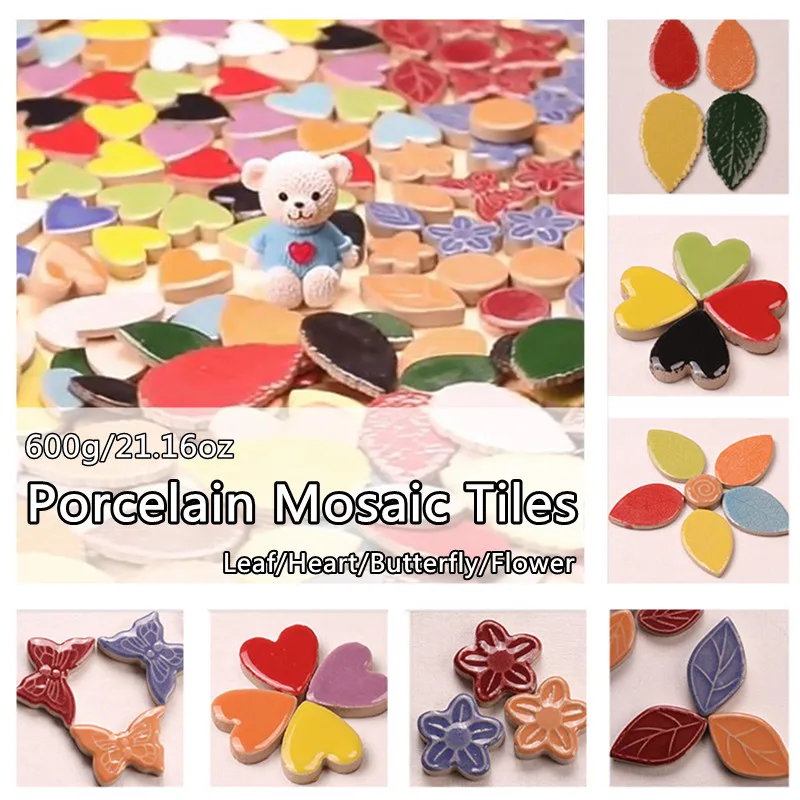 

600g/21.16oz Porcelain Leaf Shape Mosaic Tiles Heart/Butterfly/Flower Ceramic Tile DIY Crafts Materials Multi Color Optional