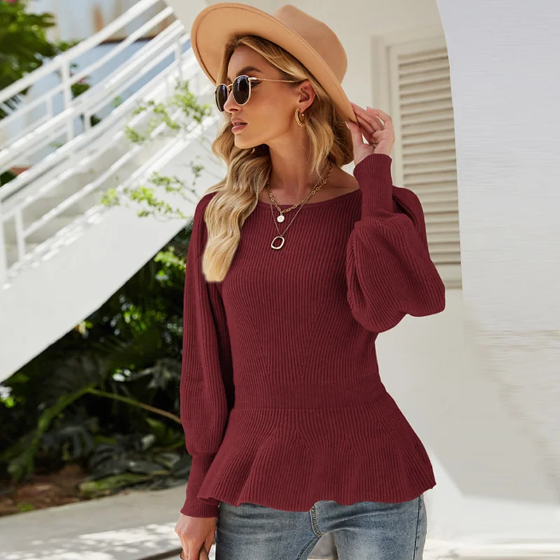

Autumn/Winter New Waist Wrapped Lantern Sleeve Knitted Top Women's Solid Color Knitted Sweater2023