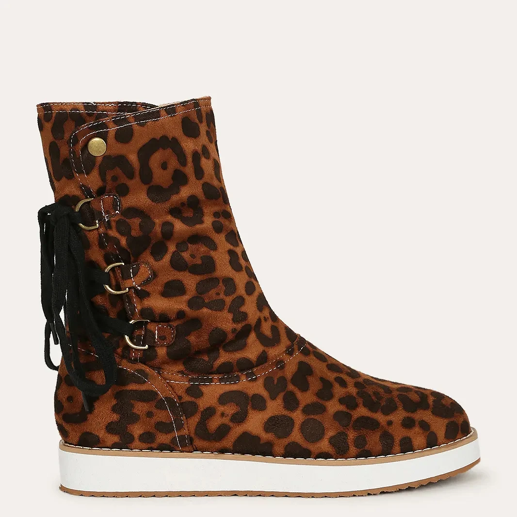

2021 Women Snow Boots Autumn Winter Lace-up Mid-cut Boots Fashion Comfortable Leopard Print Snake Print Color Match Female Shoes