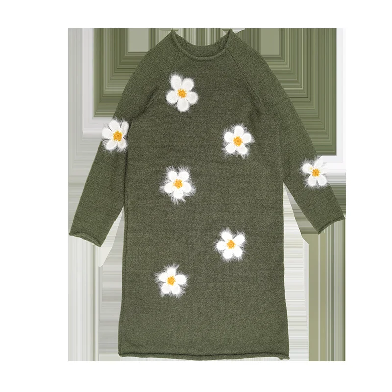 round neck long sleeve pullover dress mid length skirt plush warm three-dimensional flower sweater dress women's