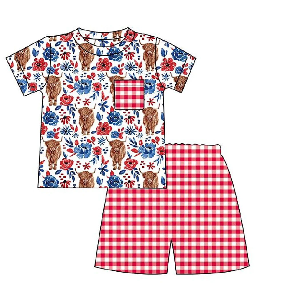 

Boutique Baby Boy Outfit Set Cow Print T-Shirt Summer Set Red Plaid Shorts 2 Pieces Set Baby Fashion Clothes