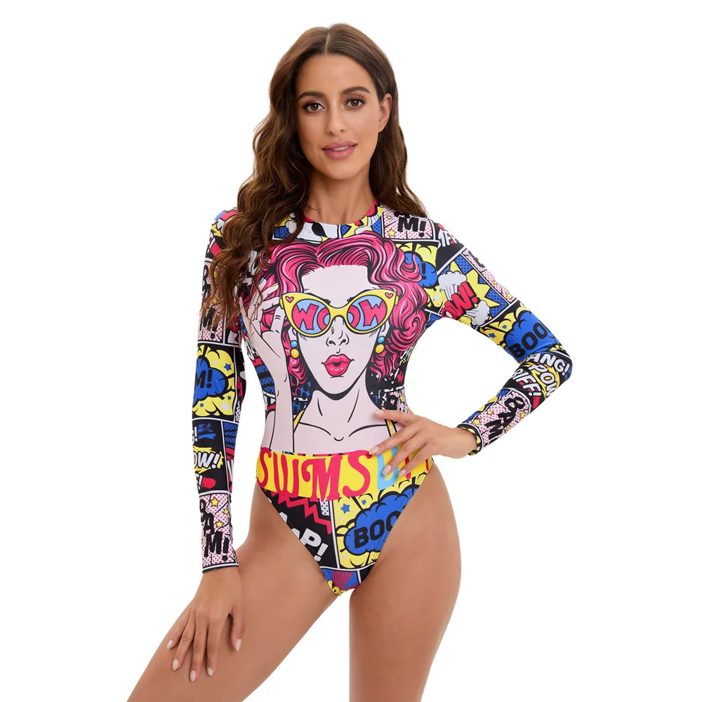 

One Piece Swimsuits Women Cutout Bathing Suits Hollow Out Fashion Lady Print Surfing Monokini Long Sleeve Rash Guard Swimwear