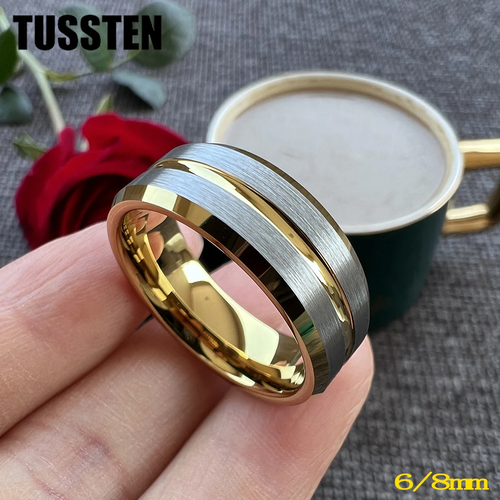 

Dropshipping TUSSTEN 6MM/8MM Men Woman Engagement Ring Tungsten Carbide Jewelry Grooved Beveled Brushed Comfort Fit