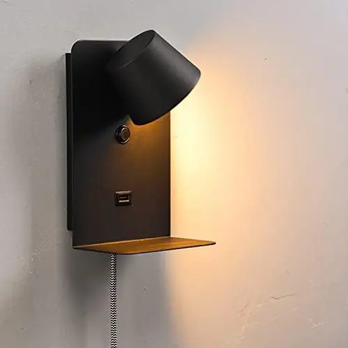 

LED Sconce Plug in Cord for Bedroom with USB Charging Port Shelf, Warm White Mounted Lamp Light Fixture for Living Room Readin