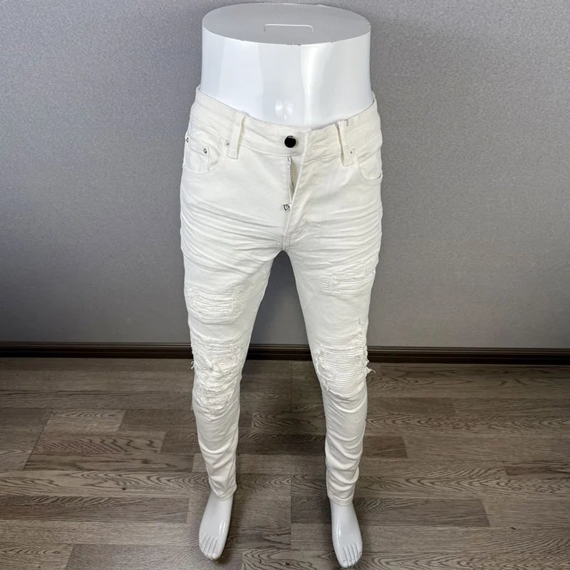 White Fashion Designer Men Jeans Elastic Stretch Patched Skinny Fit Ripped Jeans Men Streetwear Hip Hop Denim Brand Pants Hombre