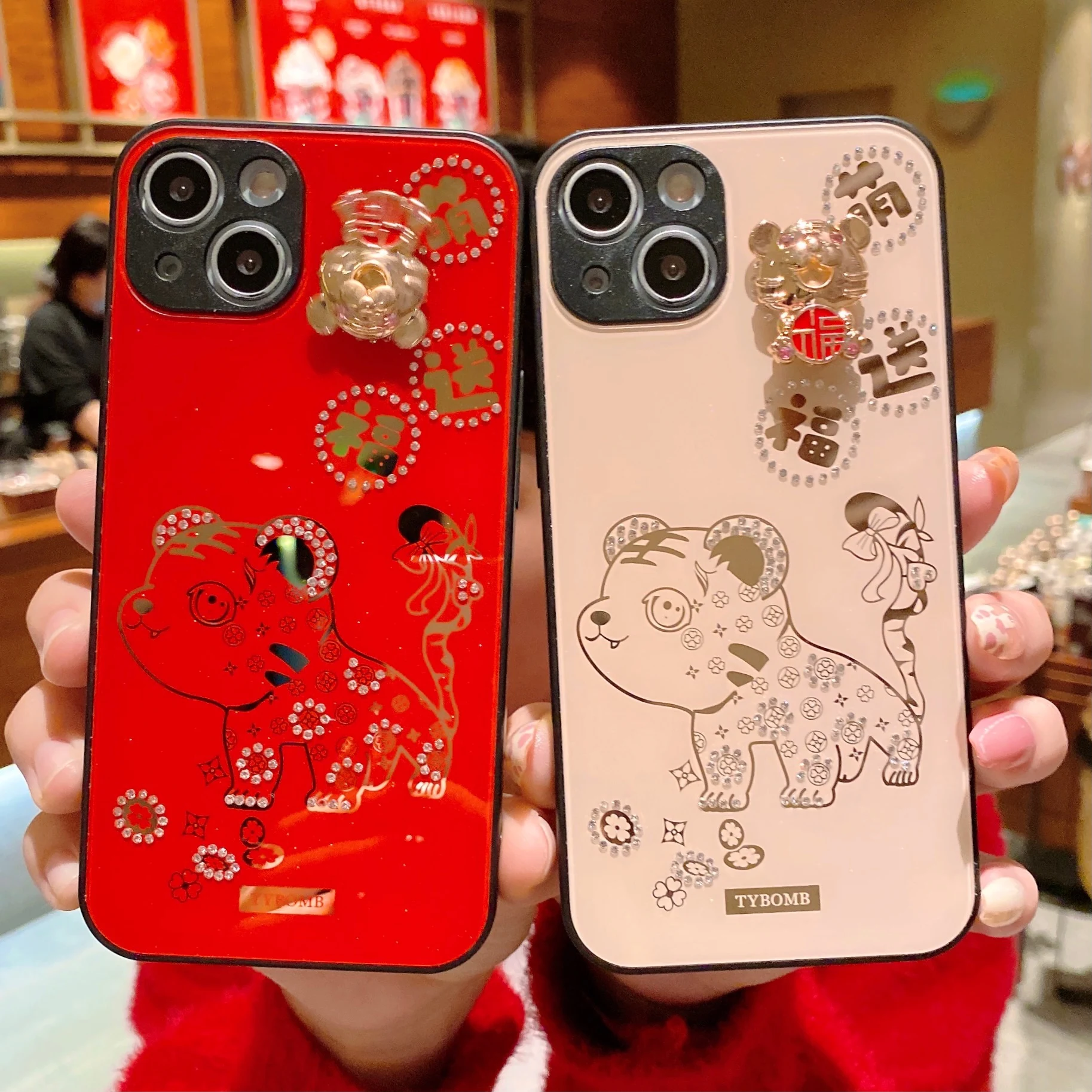 

Lucky Red Couples Diamond Outer Banks Fall-proof Suitable For Celular Iphone Case13 12 Pro Max 11 XR XS 876PULS New Cute Tiger