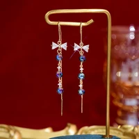 2022 new arrive korean cute blue crystal bowknot earring for women bling zircon long style tassel drop earrings wedding jewelry
