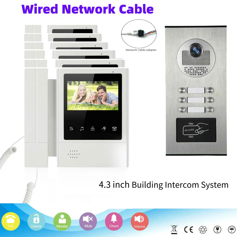 

RFID Access Control Unlock Video Intercom 4.3 Inch Monitor Wired Network Cable Video Door Phone Doorbell Intercom Camera System