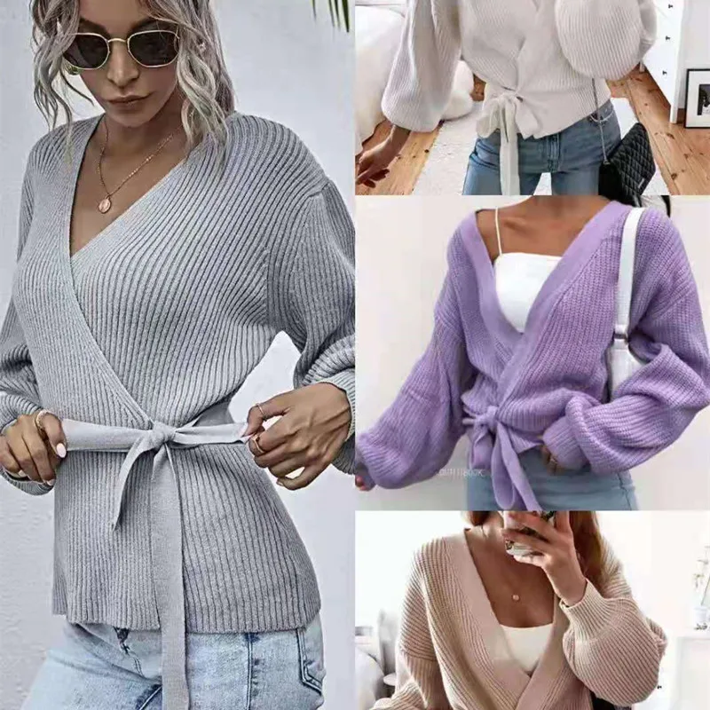

2022 Spring and Autumn Slim Knit Sweater Top Feminine Autumn and Winter V-neck Pleated Long-sleeved Bottoming Sweaters
