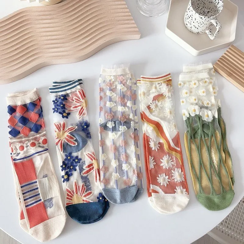 

3Pairs Womens Sheer Socks Summer Transparent Thin Mesh Lace Silk Elastic Jacquard Crystal Glass Sock Korean Style Flower Pattern